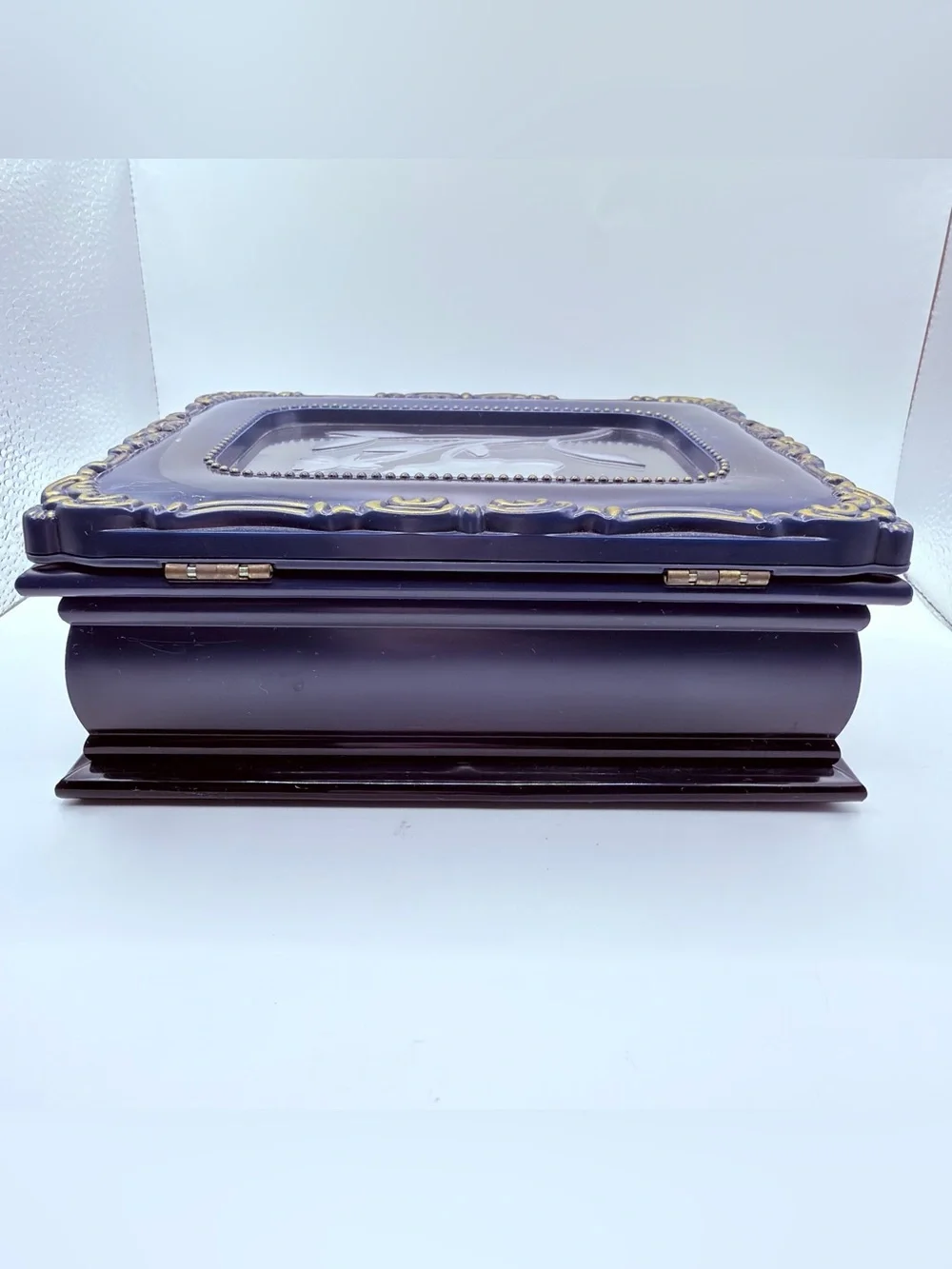 Vintage Blue Hard Plastic Jewelry Box Clear Plastic Flower Window Decor & Frame.